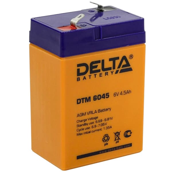 Мото АКБ Delta DTM 6045 6v 4,5 А/ч AGM ( ибп для детских авто/мото) 70х47х101 Китай